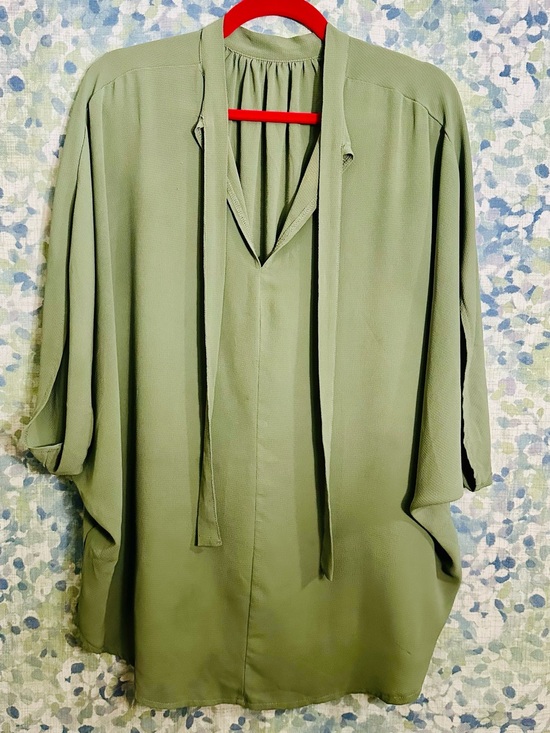 Tops - Olive Green Tie Neck High Low Tunic Blouse XL